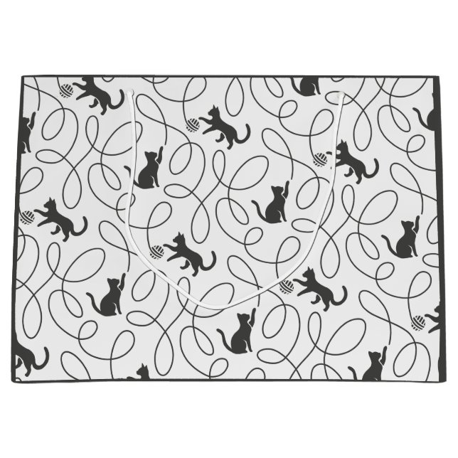 Playful Black Cat and Yarn Ball Pattern Large Gift Bag (Front)