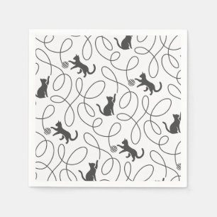 Playful Black Cat and Yarn Ball Pattern Napkins