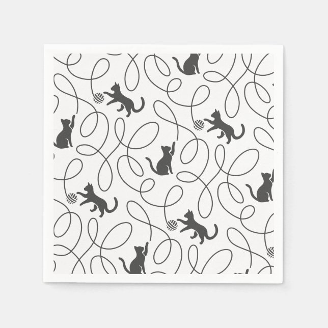 Playful Black Cat and Yarn Ball Pattern Napkins (Front)