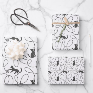 Playful Black Cat and Yarn Ball Pattern Wrapping Paper Sheets