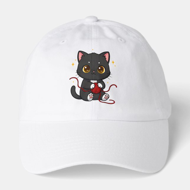 Playful Black Cat Chibi Design Hat (Front)