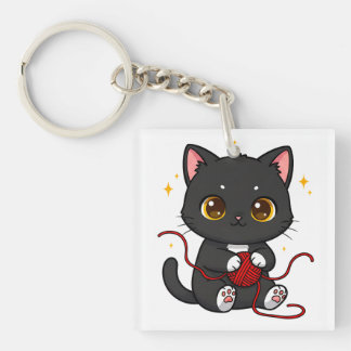 Playful Black Cat Chibi Design Keychain