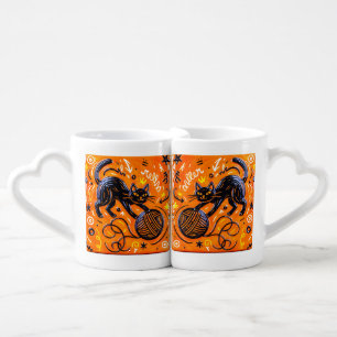 Playful Black Cat Duo Coffee Mug Set