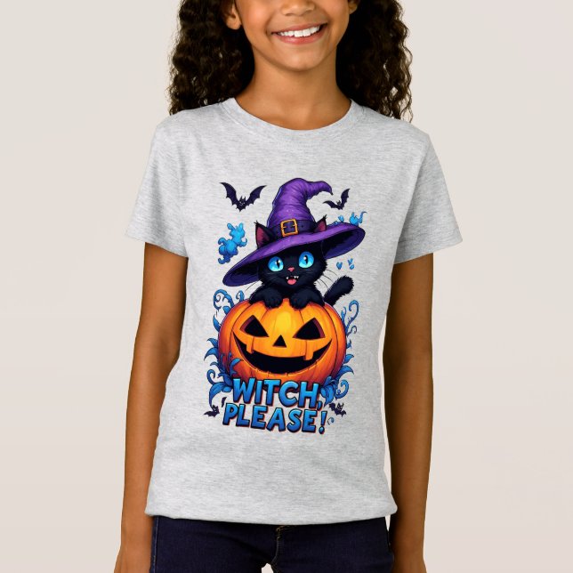 Playful Black Cat in Witch Hat T-Shirt (Front)