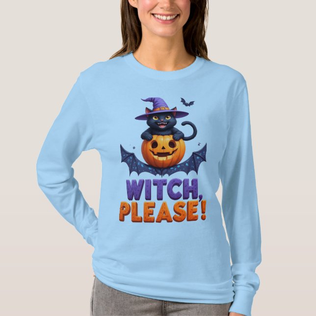 Playful Black Cat in Witch Hat T-Shirt (Front)