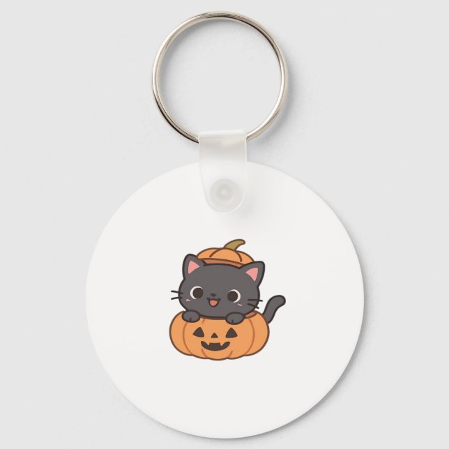 Playful Black Cat Popping Out of Pumpkin T-Shirt - Keychain (Front)