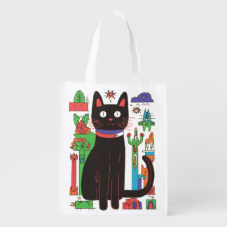Playful Black Cat Reusable Grocery Bag