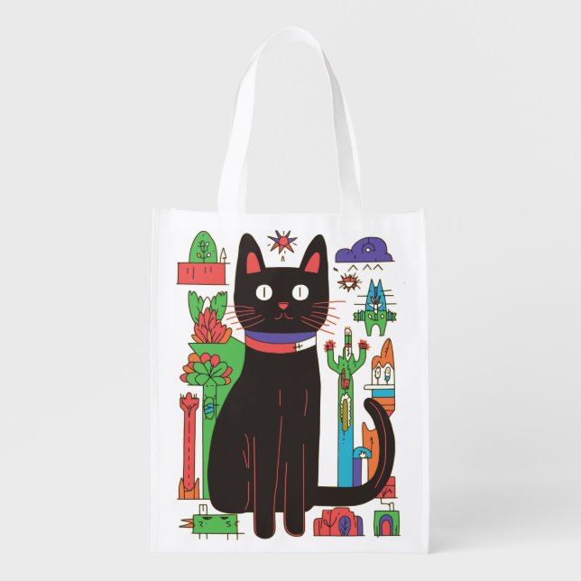 Playful Black Cat Reusable Grocery Bag (Front)