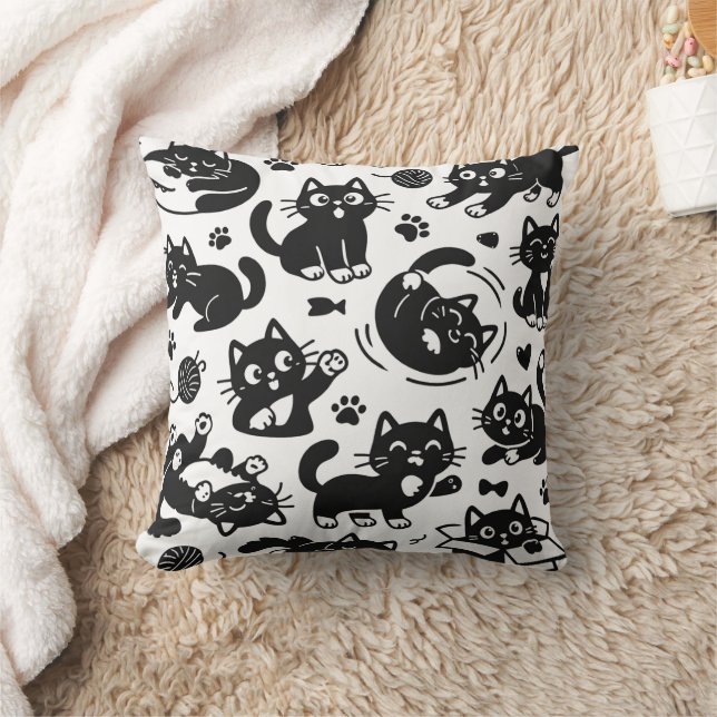 Playful Black Cat Silhouette Pattern Throw Pillow (Blanket)