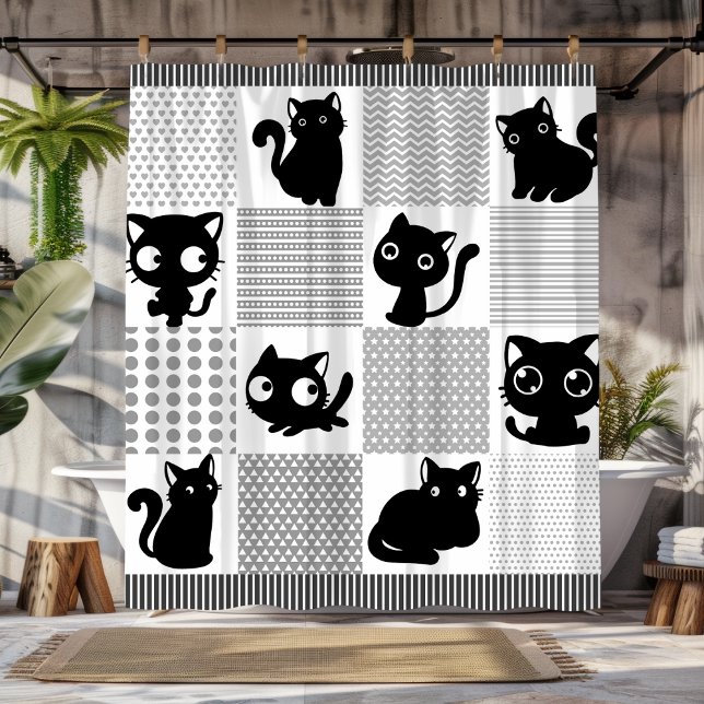 Playful Black Cat Silhouettes Shower Curtain (Playful Black Cat Silhouettes Shower Curtain )