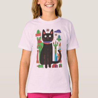 Playful Black Cat with Colorful Abstract Accents T-Shirt