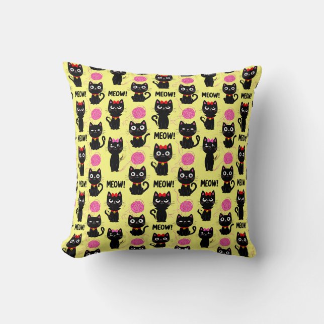 🐾 Playful Black Cat Yarn Pattern Cozy Decor Throw Pillow (Front)