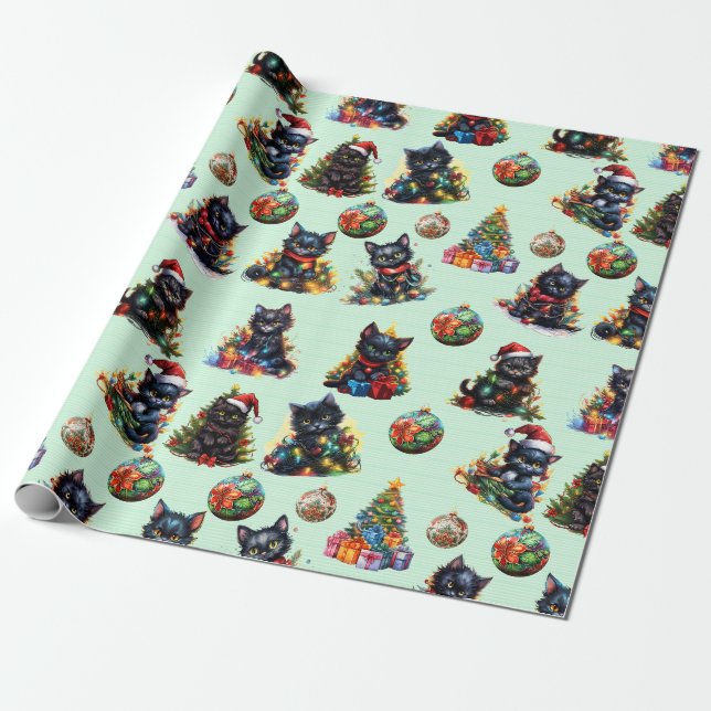 Playful Black Cats Ready For Christmas Wrapping Paper (Unrolled)