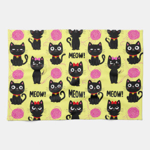 Playful Black Cats With Yarn Balls Pattern Kitchen Towel