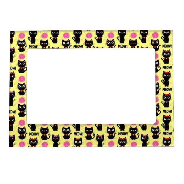 Playful Black Cats With Yarn Balls Pattern Magnetic Frame (Front)
