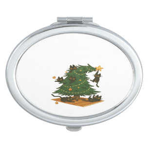 Playful Black Cats Wrecking Christmas Tree – Funny Compact Mirror