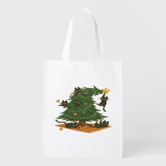 Playful Black Cats Wrecking Christmas Tree – Funny Grocery Bag