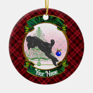 Playful Black Christmas Poodle Ceramic Ornament