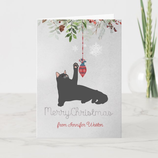 Playful Black Holiday Cat with Joyful Wishes Card (Front)