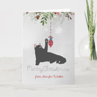 Playful Black Holiday Cat with Joyful Wishes Card