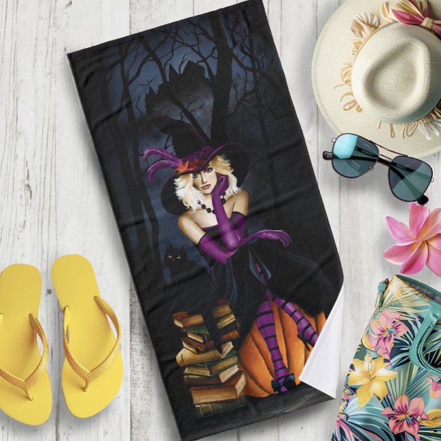 Playful Blonde Witch Pumpkin Purple Fantasy  Bath Towel (Creator Uploaded)