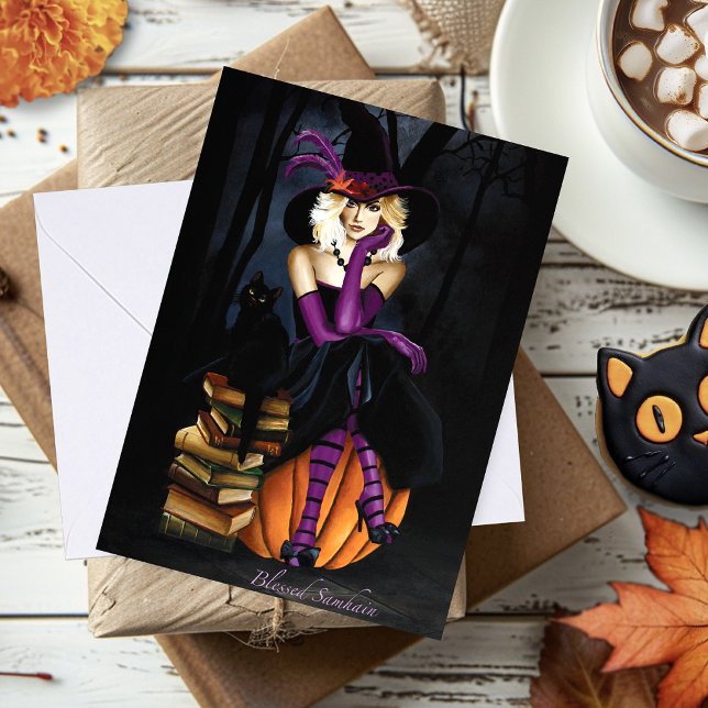 Playful Blonde Witch Pumpkin Purple Fantasy  Card (Creator Uploaded)