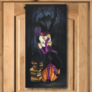 Playful Blonde Witch Pumpkin Purple Fantasy  Door Sign