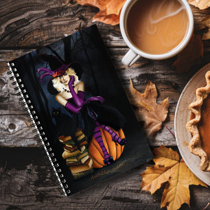 Playful Blonde Witch Pumpkin Purple Fantasy Notebook