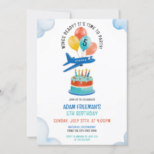 Playful Blue Airplane Boys 5th Birthday Invitation