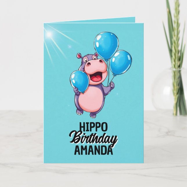 Playful Blue Balloons Hippo Birthday Card (Front)
