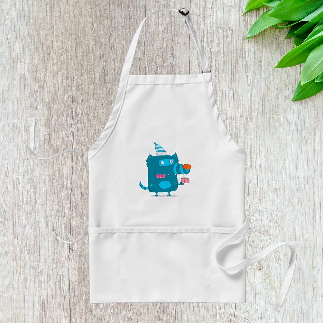 Playful Blue Cartoon Monster with Party Hat Adult Apron (Creator Uploaded)