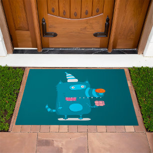 Playful Blue Cartoon Monster with Party Hat Doormat