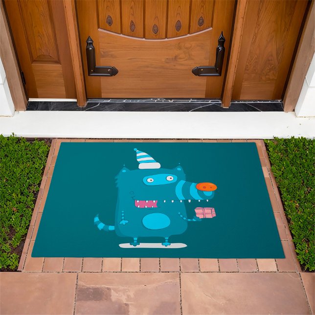 Playful Blue Cartoon Monster with Party Hat Doormat (Creator Uploaded)