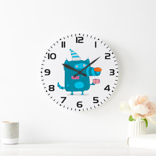 Playful Blue Cartoon Monster with Party Hat Large Clock