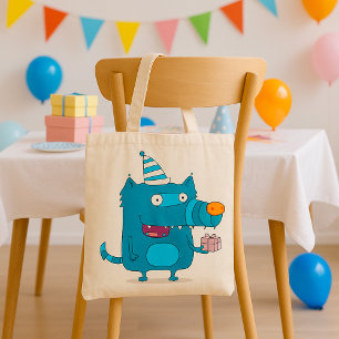 Playful Blue Cartoon Monster with Party Hat Tote Bag