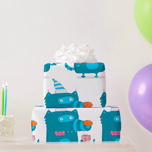 Playful Blue Cartoon Monster with Party Hat Wrapping Paper