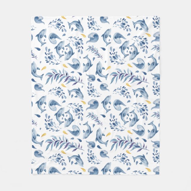 Playful Blue Dolphins and Waves  Fleece Blanket (Front)