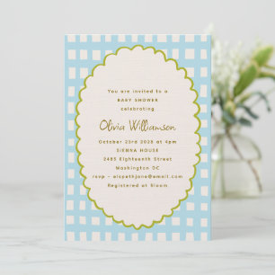 Playful Blue Gingham Scallop Border Baby Shower Invitation