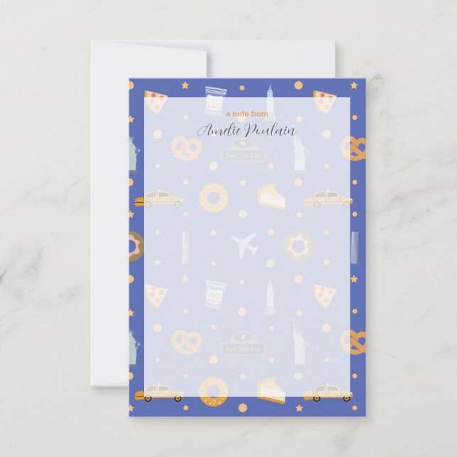 Playful Blue NYC-Themed Pattern Personalized Name Note Card (Front)