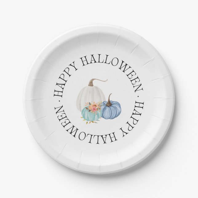 Playful Blue Pumpkins Happy Halloween Paper Plates (Front)