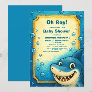Playful Blue Shark Bubbles Boy Baby Shower Invitation
