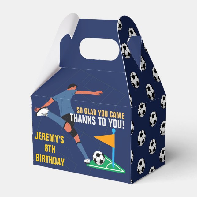 Playful Blue Soccer Birthday Kids Favor Boxes (Front Side)