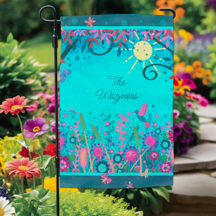 Playful Blue Whimsical Butterfly Hummingbird Name Garden Flag