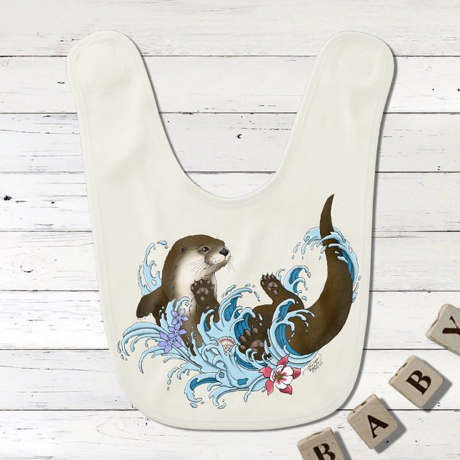 Playful Blue Whimsical River Otter Splash Cute Baby Bib (Creator Uploaded)