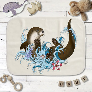 Playful Blue Whimsical River Otter Splash Cute Baby Burp Cloth