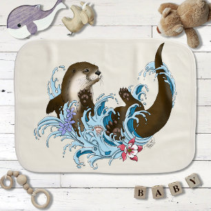 Playful Blue Whimsical River Otter Splash Cute Baby Burp Cloth