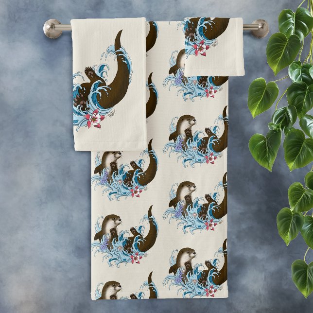 Playful Blue Whimsical River Otter Splash Cute Bath Towel Set (Creator Uploaded)