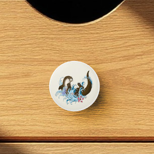 Playful Blue Whimsical River Otter Splash Cute Ceramic Knob