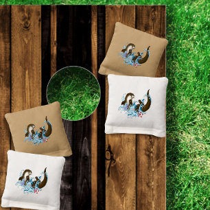 Playful Blue Whimsical River Otter Splash Cute Cornhole Bags