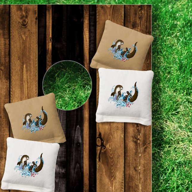 Playful Blue Whimsical River Otter Splash Cute Cornhole Bags (Creator Uploaded)